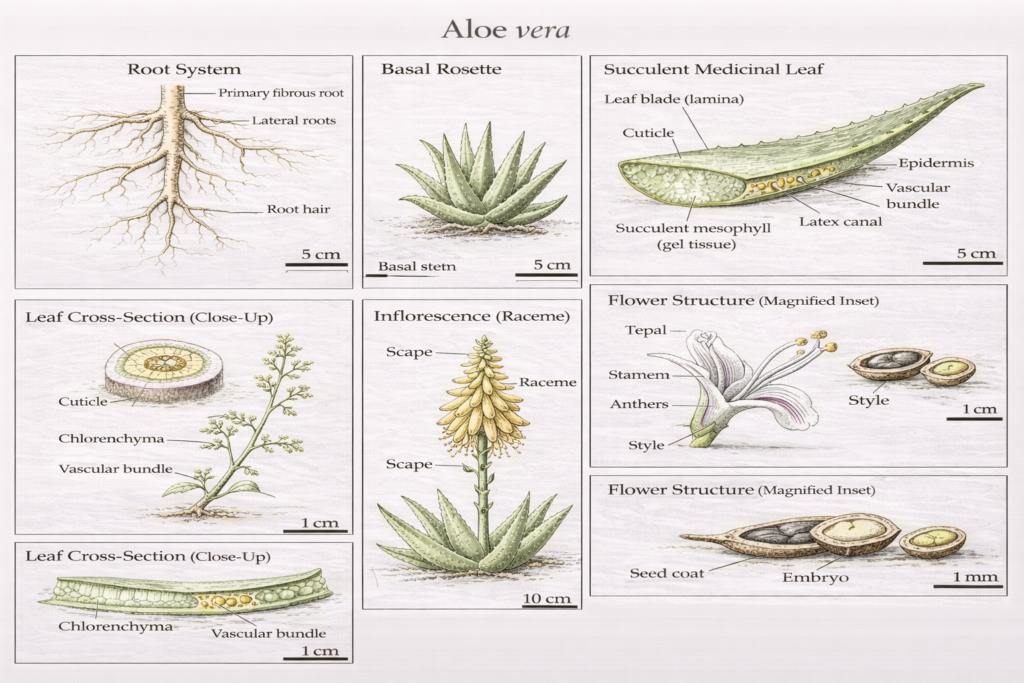 Botanical illustration of Aloe Vera plant parts