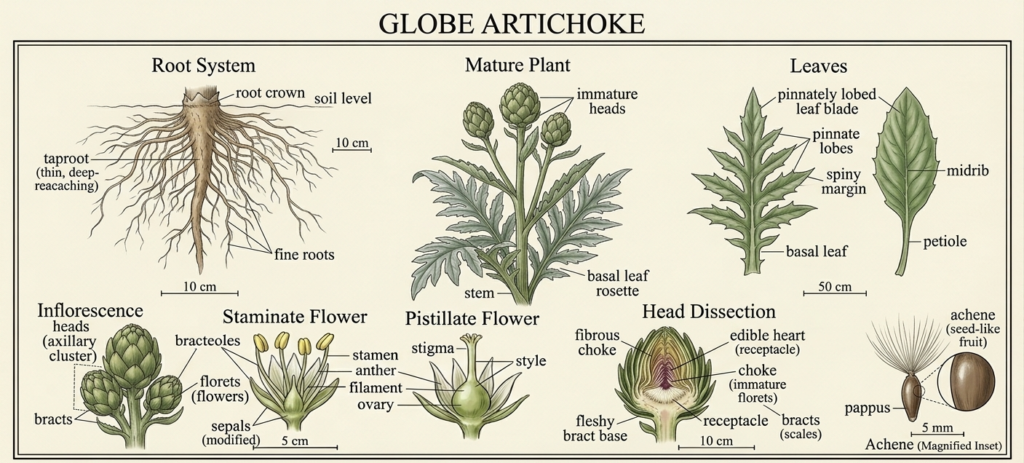 Botanical illustration of artichoke plant