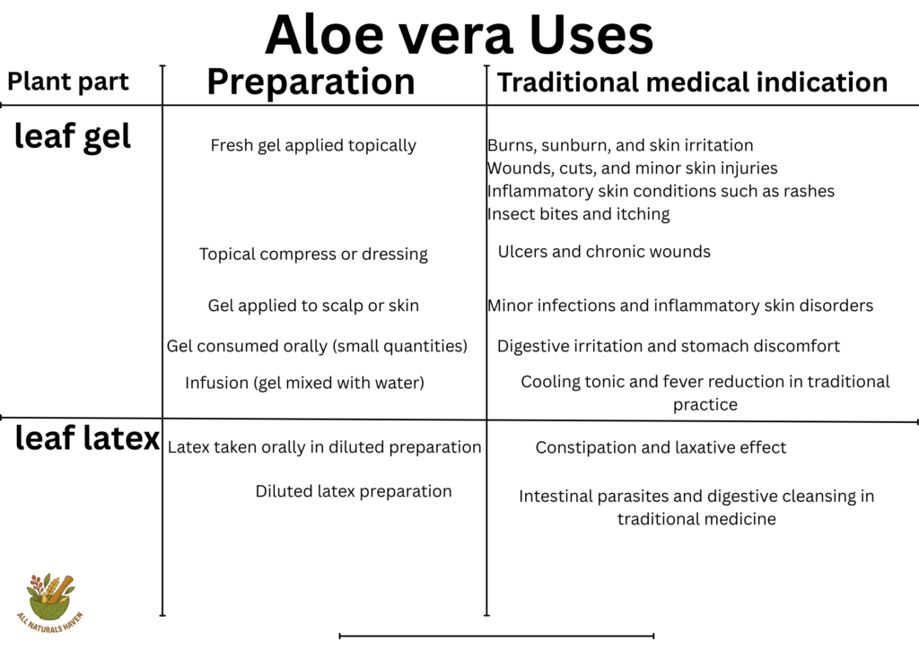 An informational banner on the traditional medical indication of Aloe vera, like its use in skin conditions like insect bites