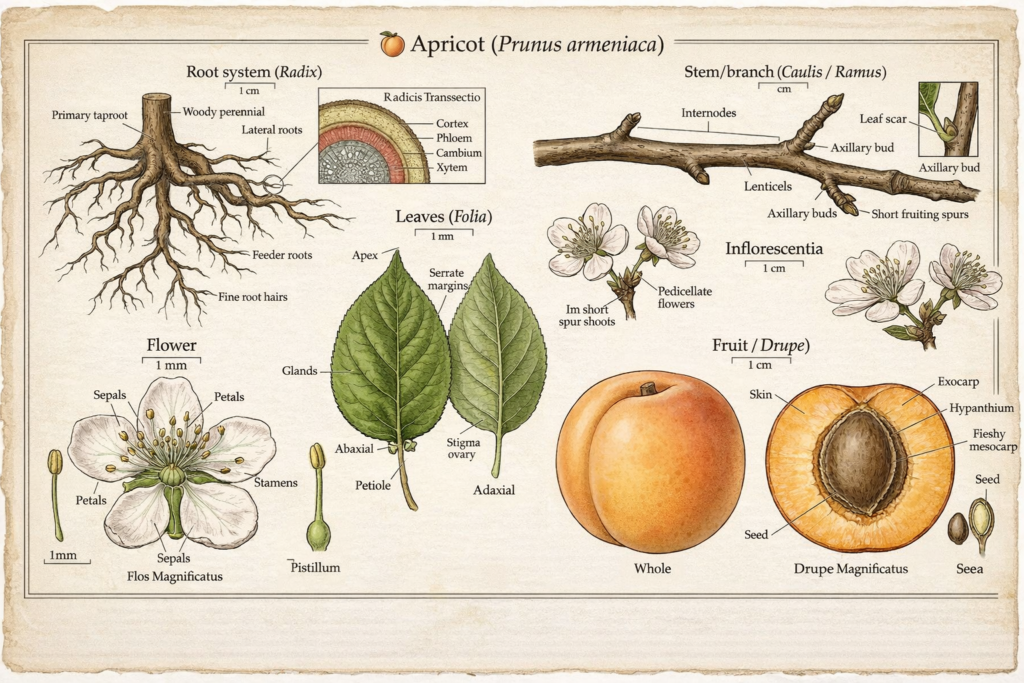 Botanical illustration of apricot plant parts