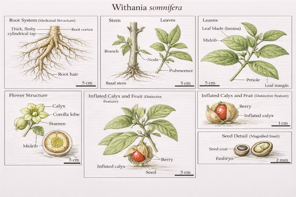 Botanical illustration of Ashwagandha plant parts