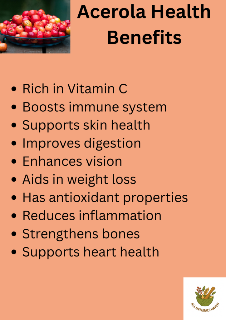 Health benefits and uses of acerola fruit infographic.