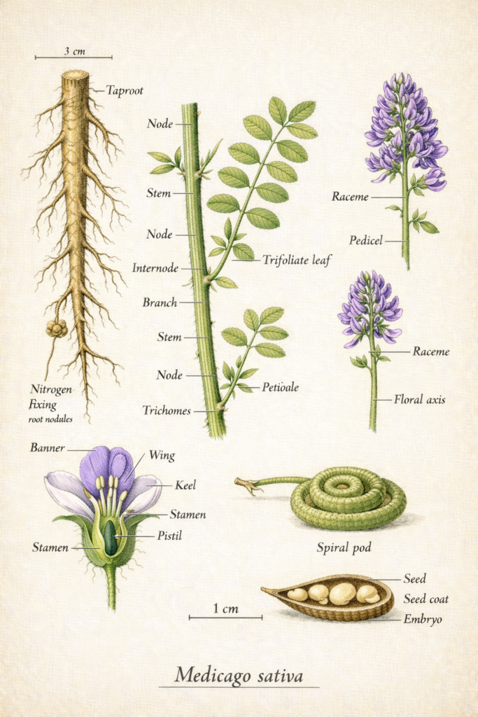 Botanical illustration of alfalfa plant parts
