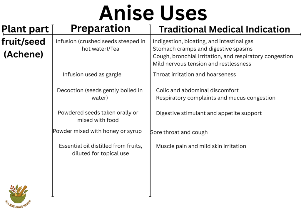 A banner on the traditional medical indications of anise, e.g., in sore throat and cough
