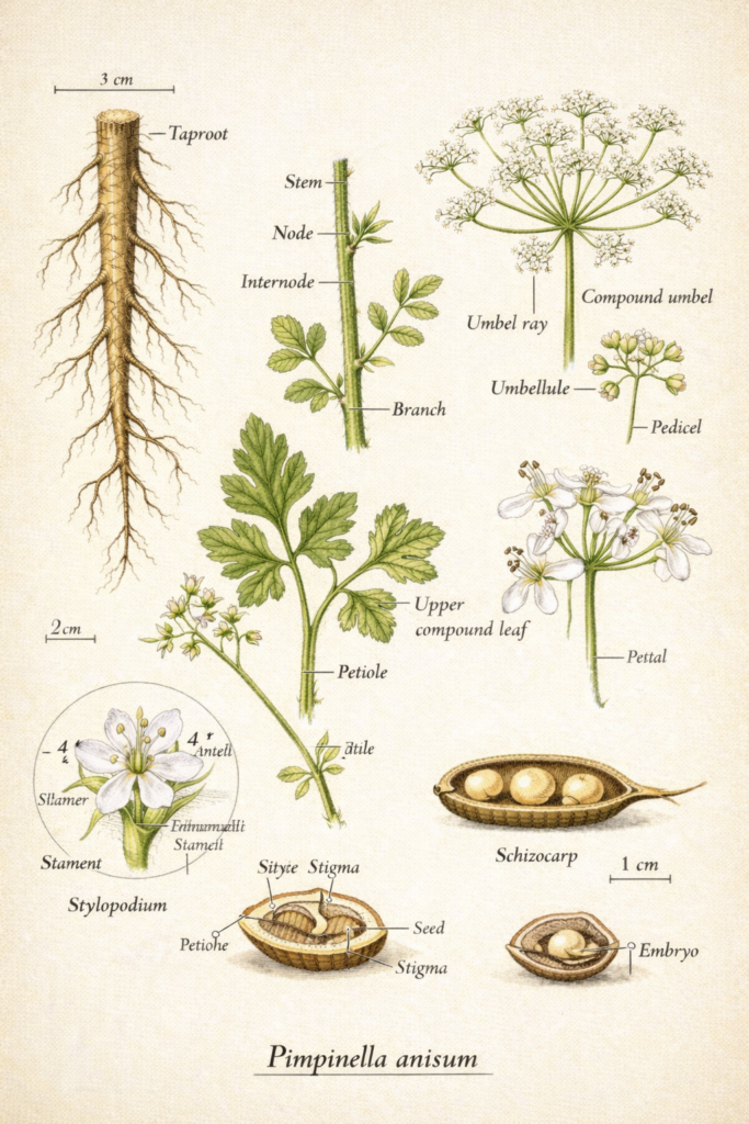 Botanical illustration of anise plant parts