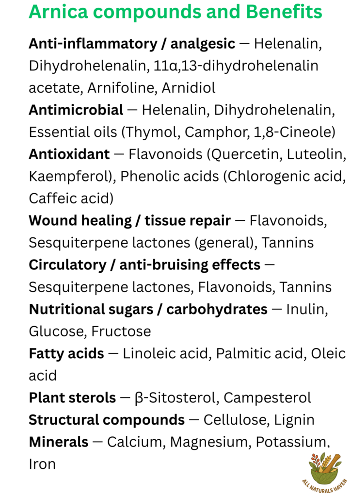 A poster listing compounds found in arnica and their biological activity, e.g., sesquiterpene lactones have anti-bruising effects.