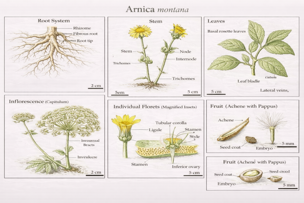 Botanical illustration of arnica plant parts