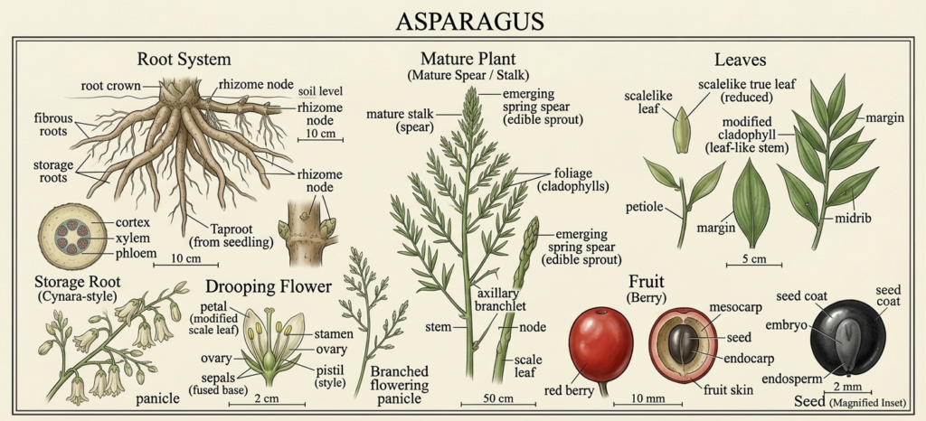 Botanical illustration of asparagus plant