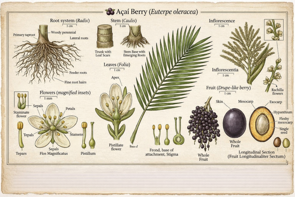 Botanical illustration of the acai berry plant