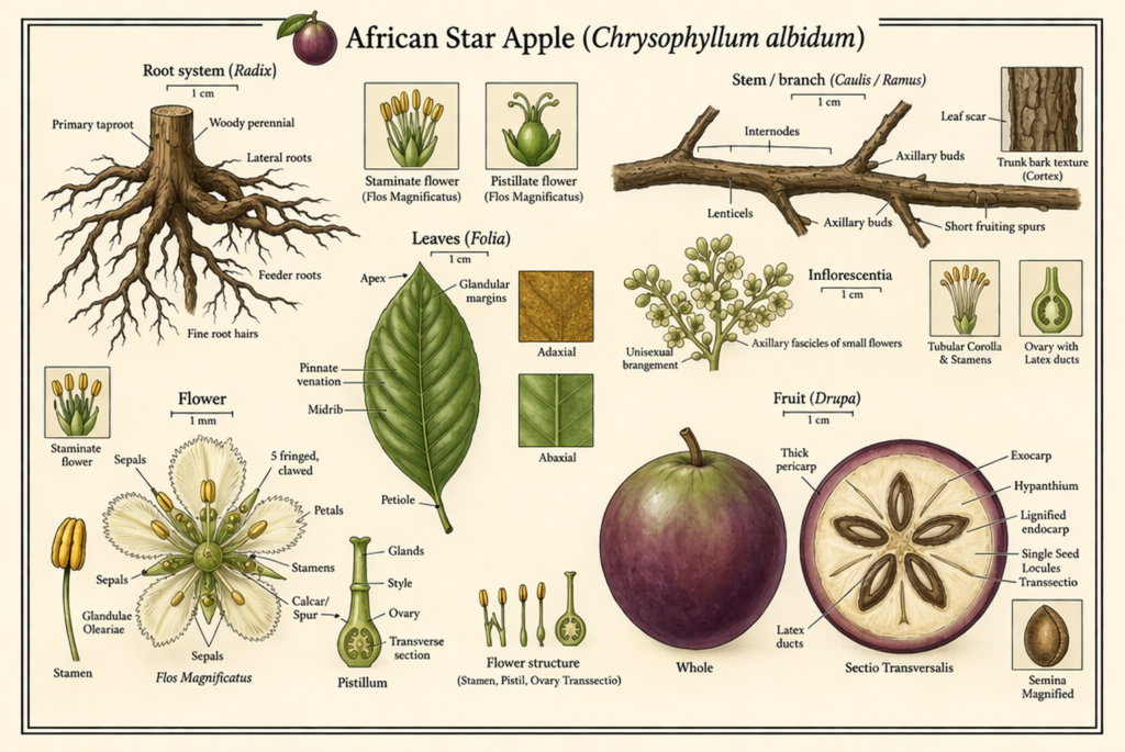 Botanical illustration of African star apple plant