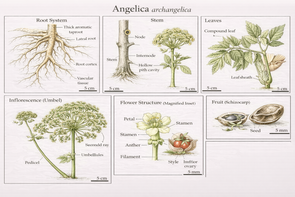 Botanical illustration of angelica archangelica plant parts