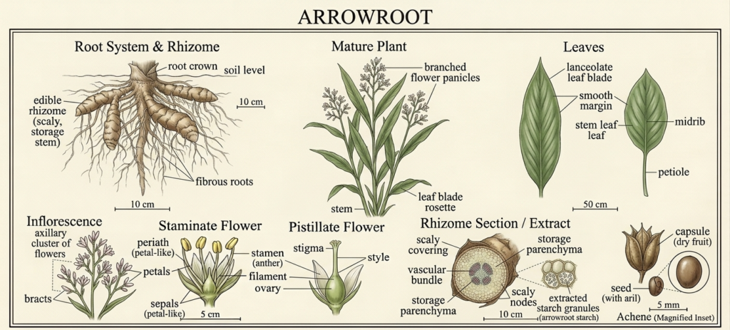 Botanical illustration of arrow root plant