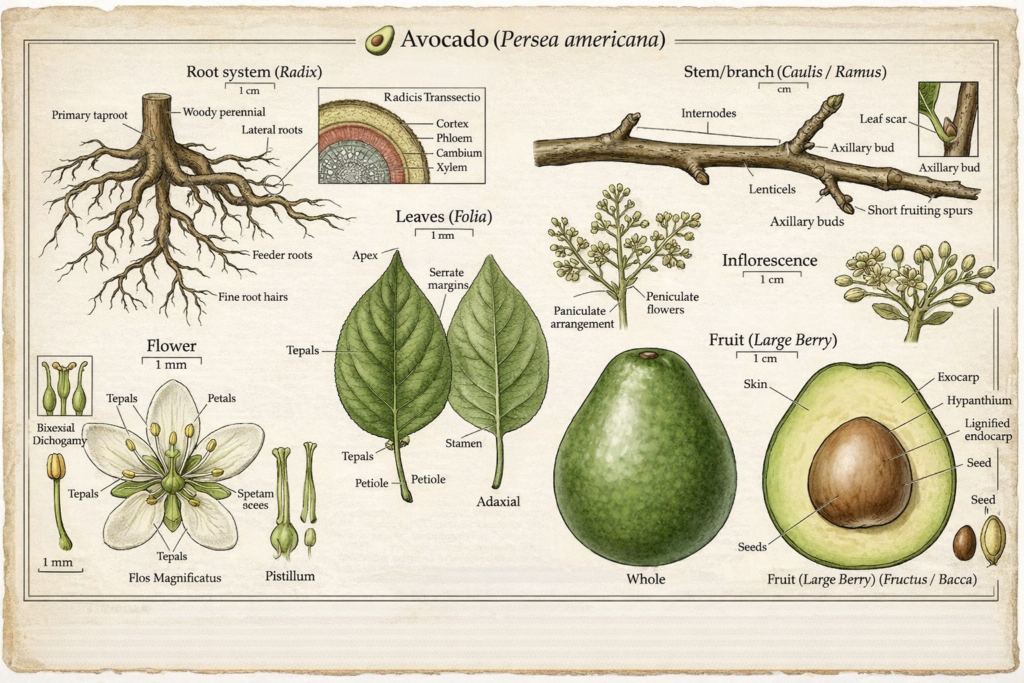 Botanical illustration of avocado plant parts