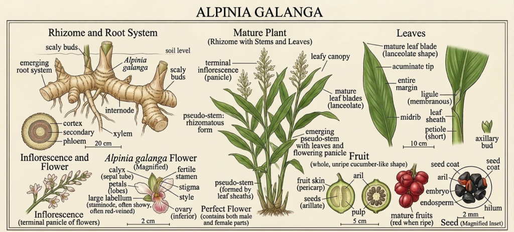 Botanical illustration of Alpinia galanga plant