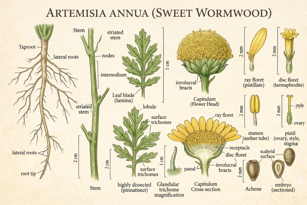 Botanical illustration of artemisa annua plant parts
