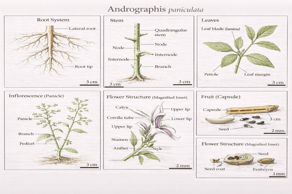 Botanical illustration of andrographis plant parts