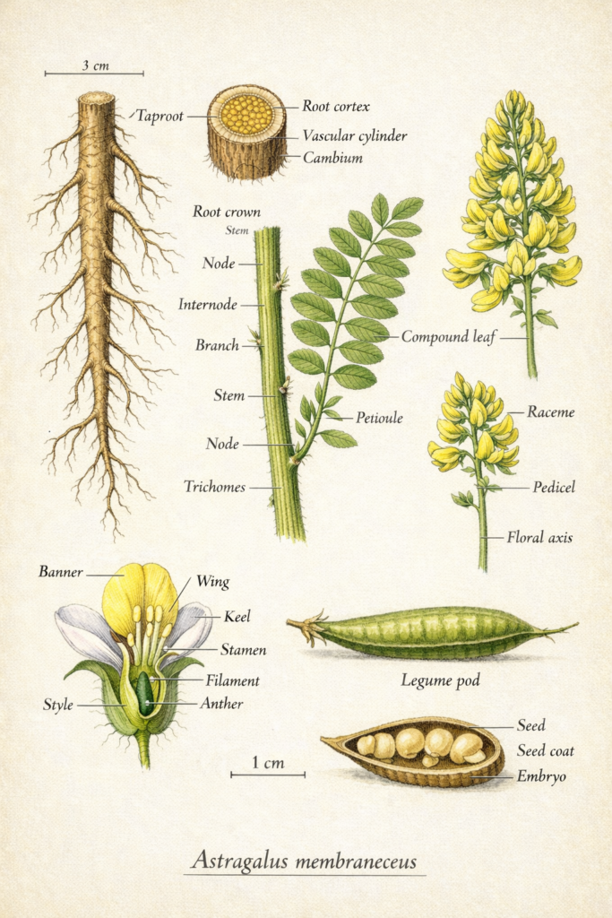 Botanical illustration of milk-vetch plant parts