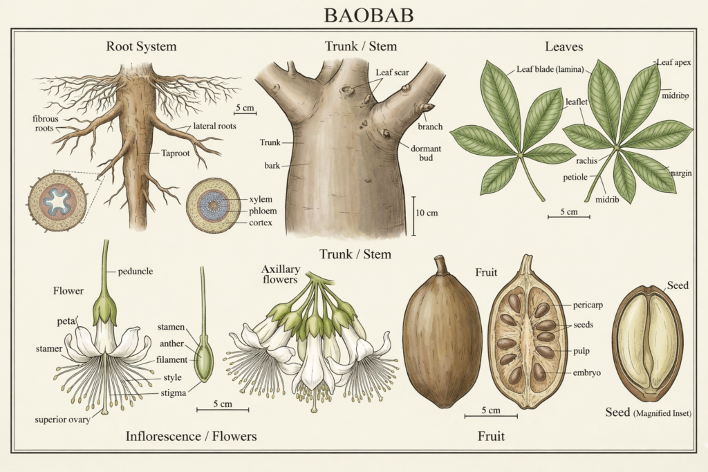 Botanical illustration of the baobab tree/plant parts
