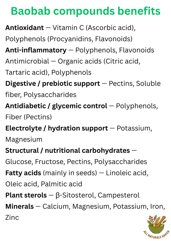 An informational poster on the compounds found in baobab and their uses, like the antioxidant capacity of vitamin C.