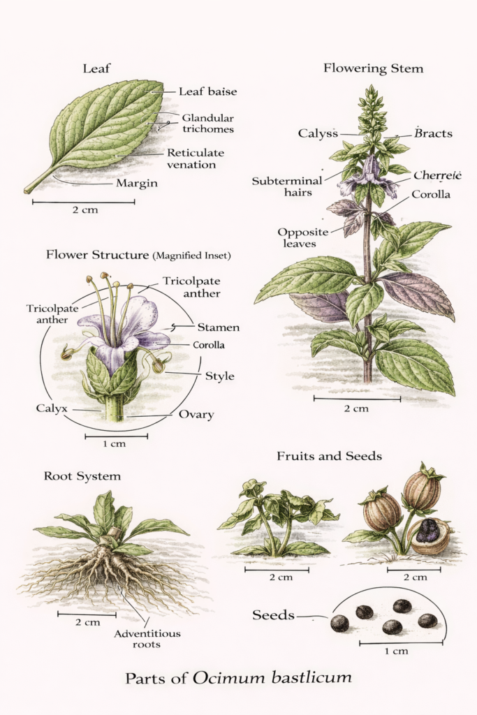 Botanical illustration of basil plant parts