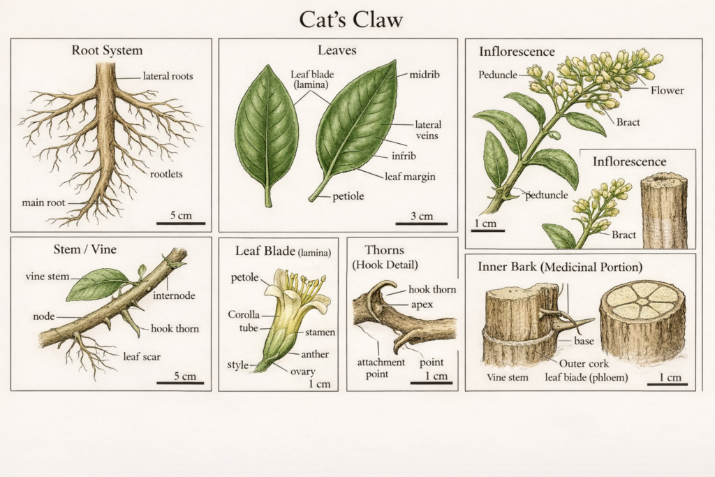 Botanical illustration of cat's claw plant parts