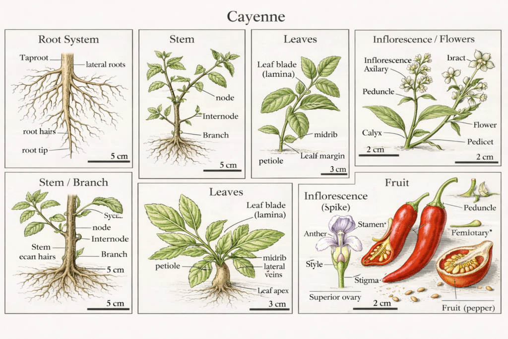 Botanical illustration of cayenne pepper plant parts