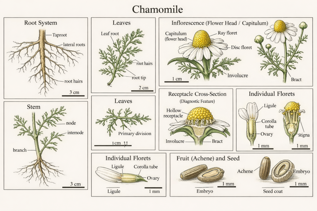 Botanical Illustration of chamomile plant parts