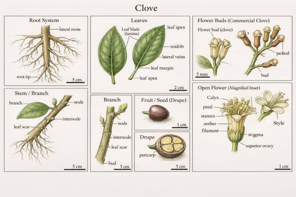 Botanical illustration of clove plant parts