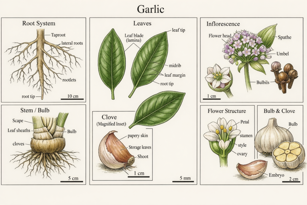 Botanical illustration of garlic plant parts