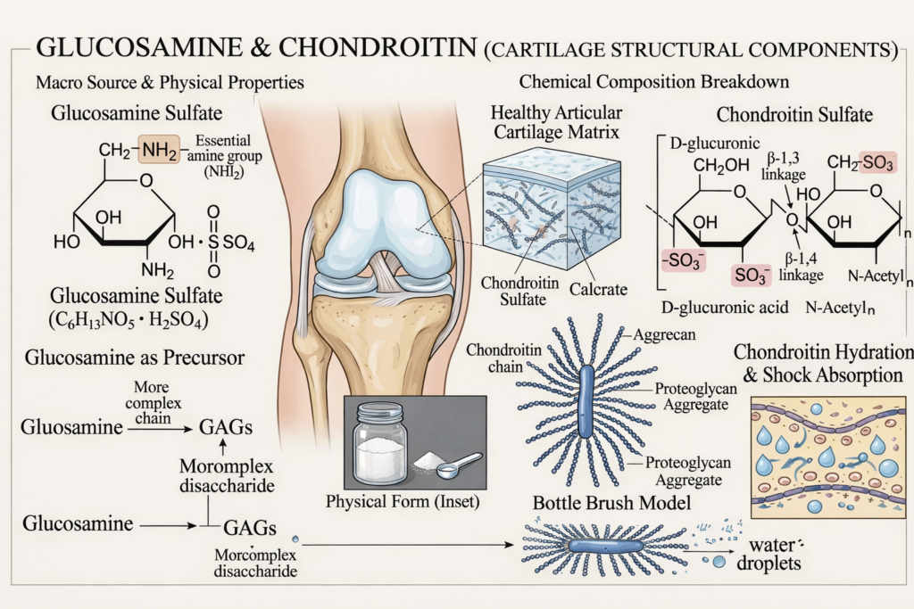 Illustration of glucosamine chondroitin, biological functions, sources and properties