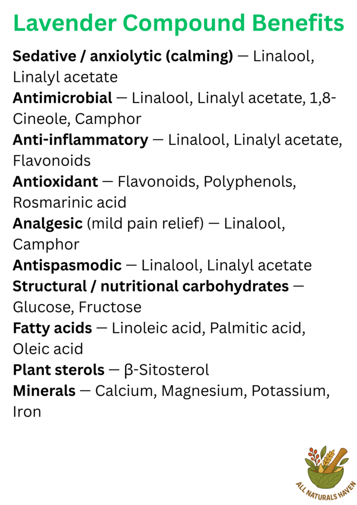 An informational poster on the compounds found in lavender and their biological uses, e.g., linalool has a sedative effect
