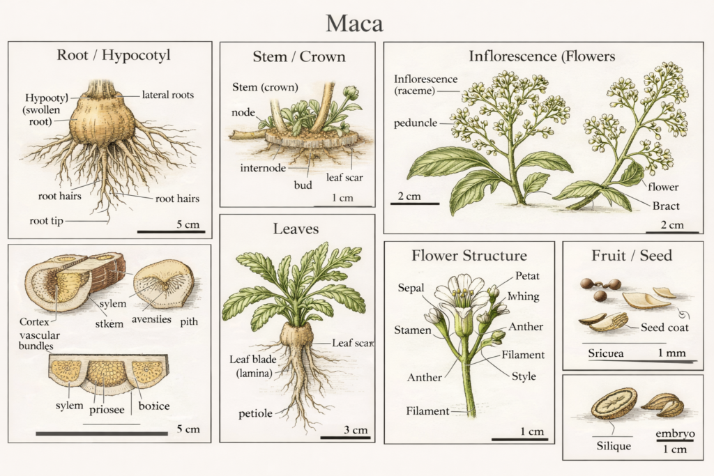 Botanical illustration of maca herb plant parts