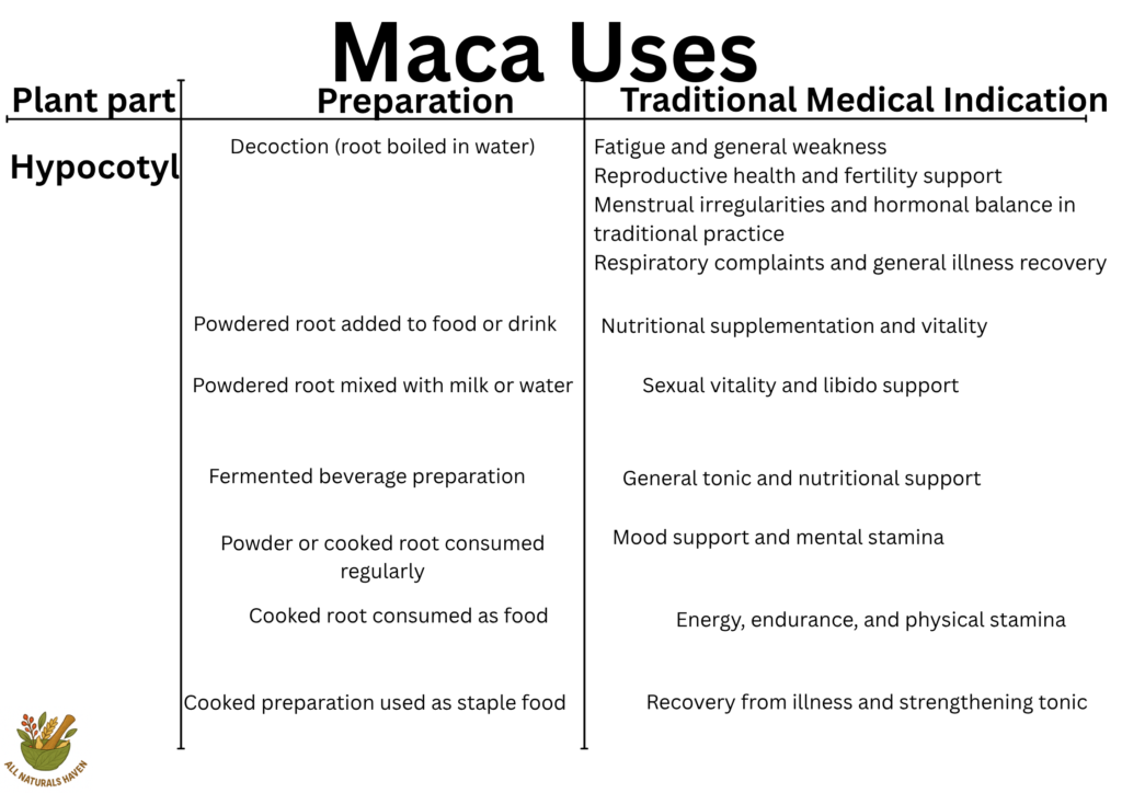 An informational banner on the traditional medical uses of maca, like in fertility support.