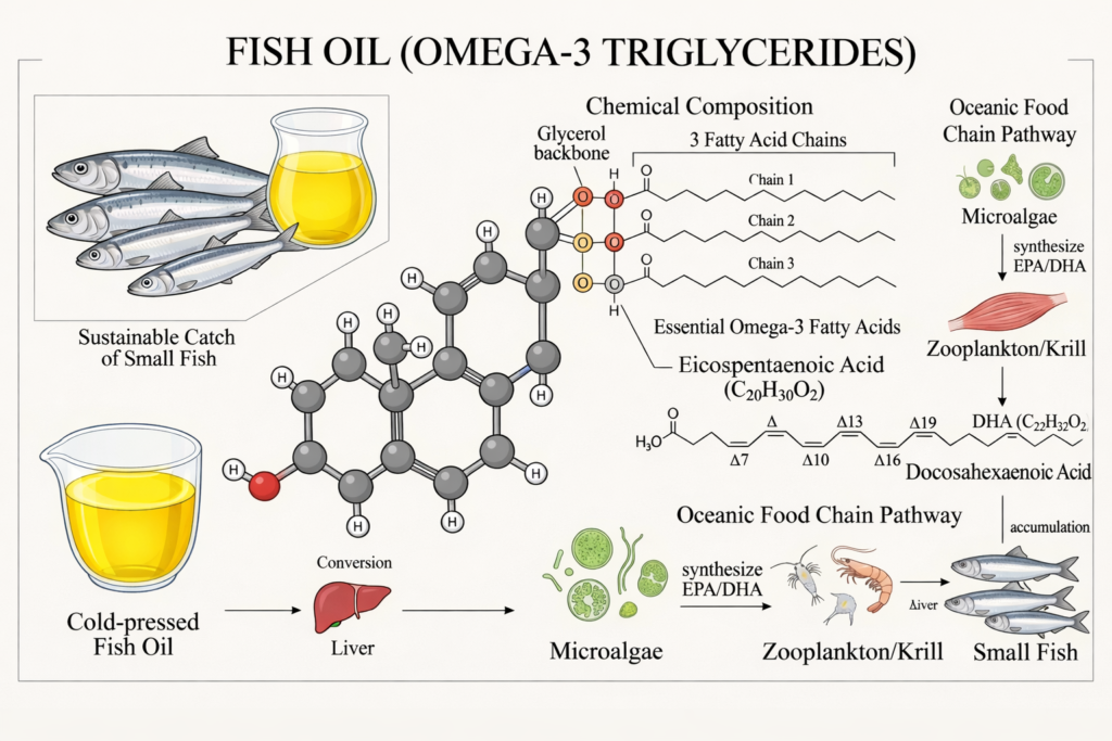 Illustrative vector image of omega-3 compounds, sources, properties and uses