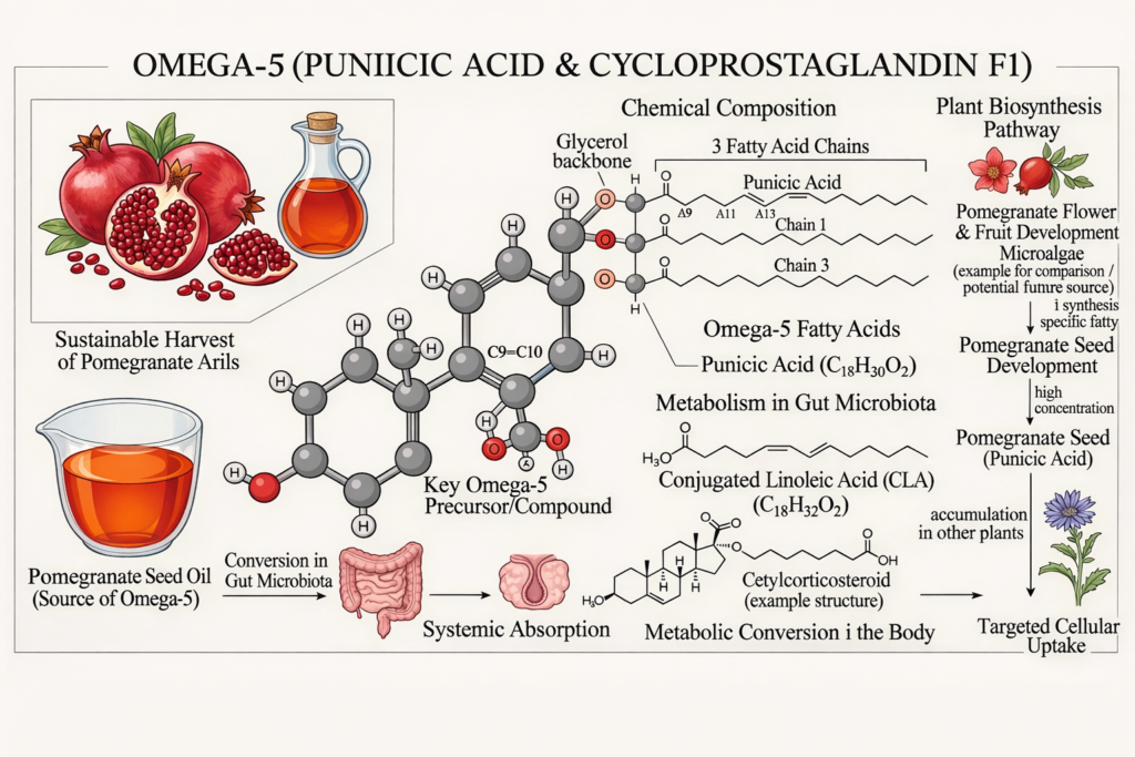 Illustration of Omega-5 acid sources, properties and uses