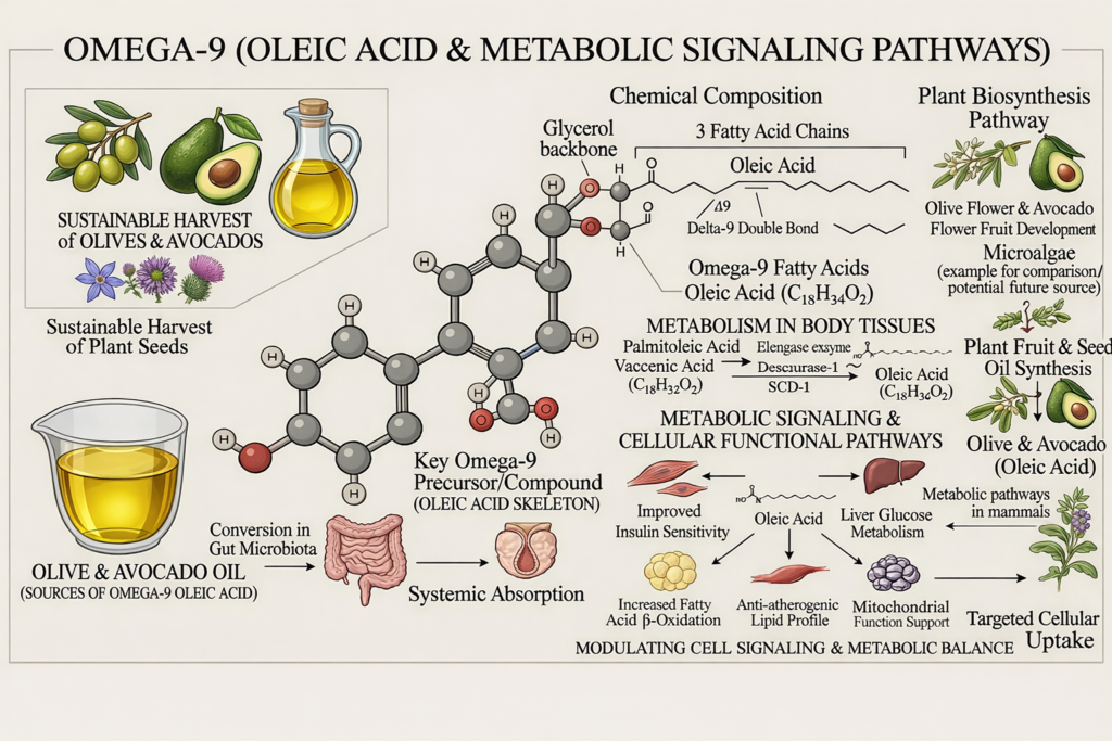Illustration of omega-9 acid, sources, properties and uses