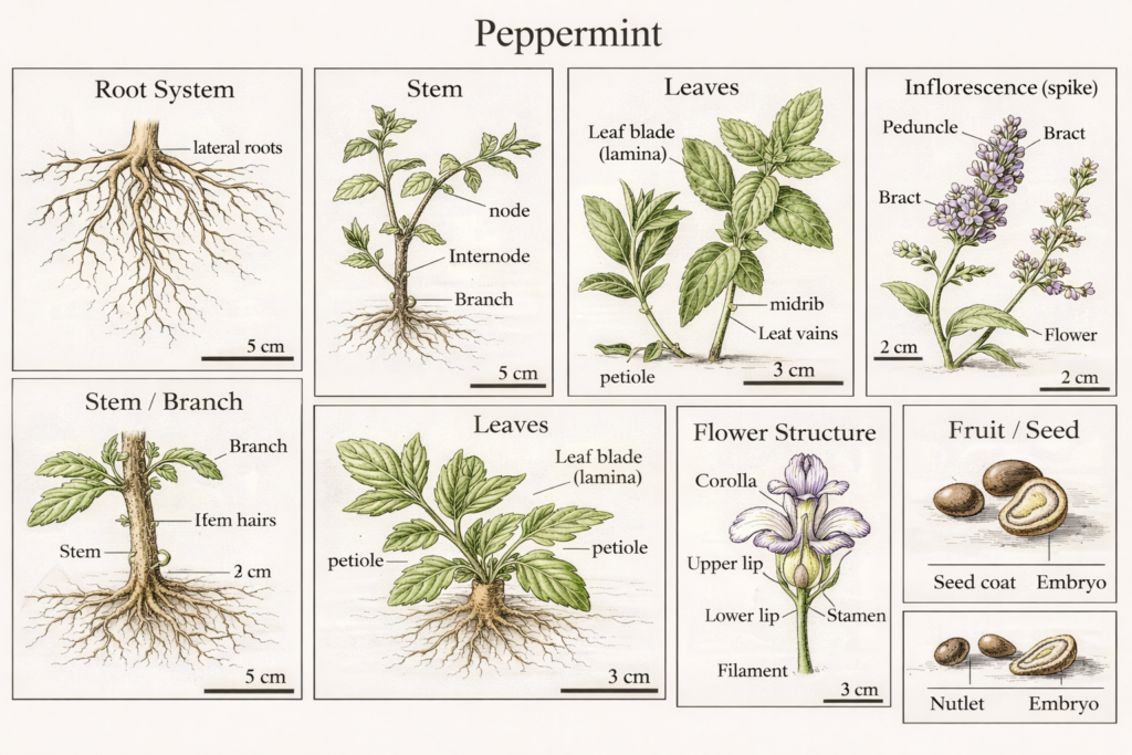 Botanical illustration of peppermint plant parts
