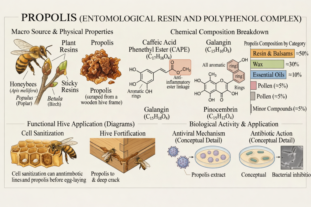 Illustration of propolis, sources and uses