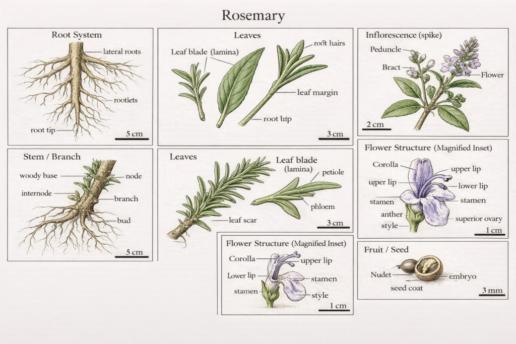 Botanical illustration of rosemary plant parts