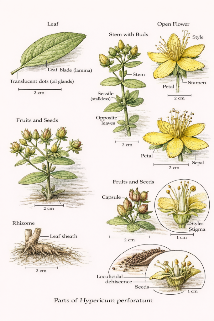 Botanical illustration of St. John's wort plant parts