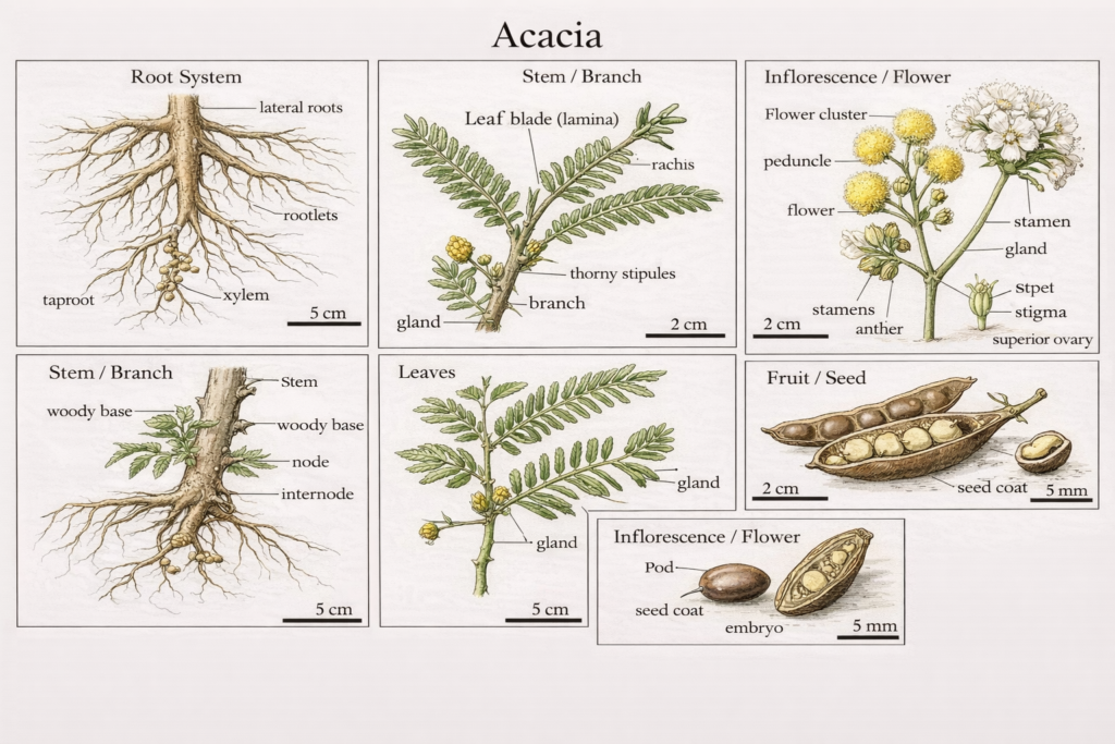 Botanical illustration of Acacia plant parts