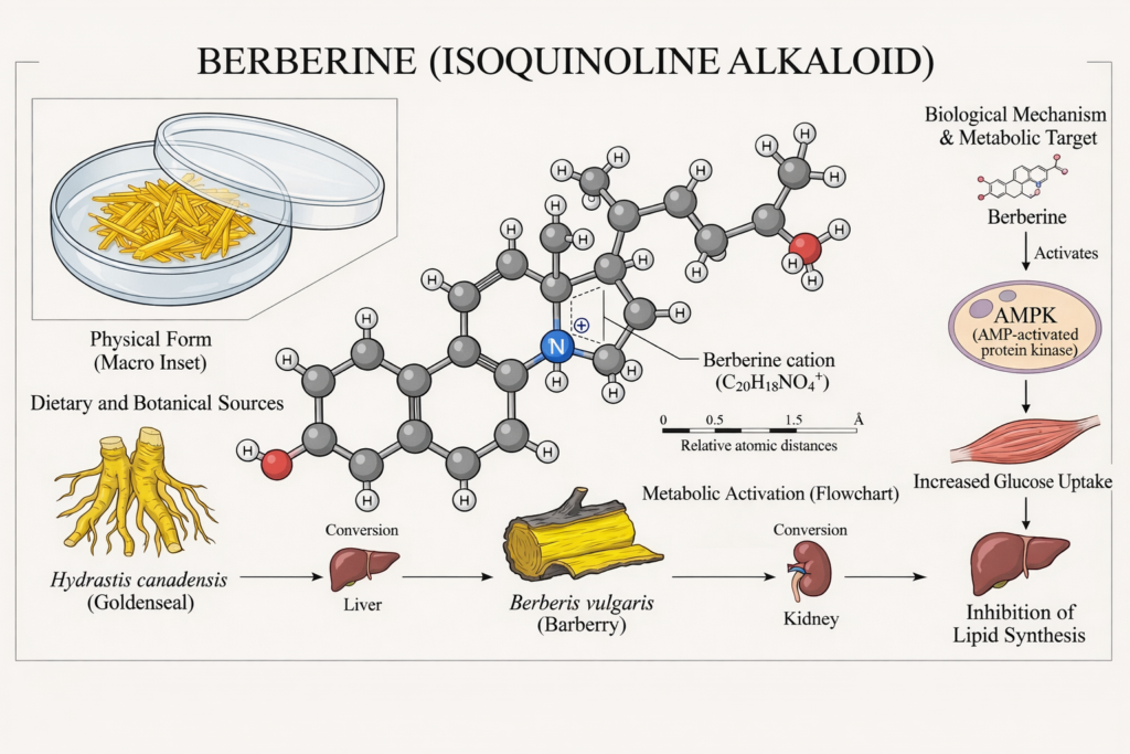 Illustration of berberine compound, sources, properties and Uses