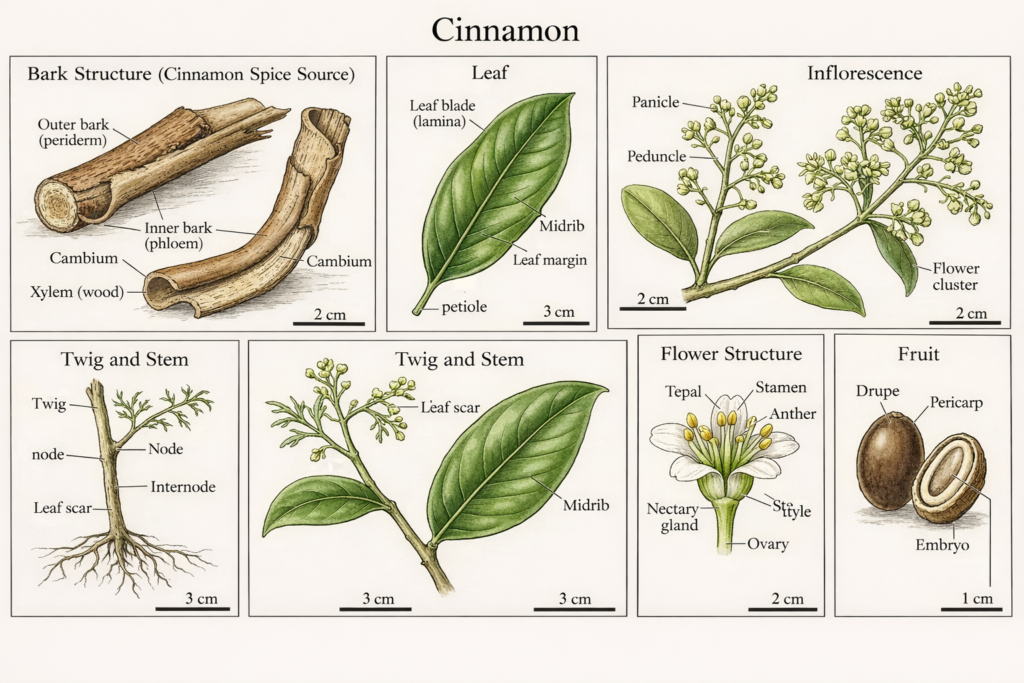 Botanical illustration of cinnamon plant parts