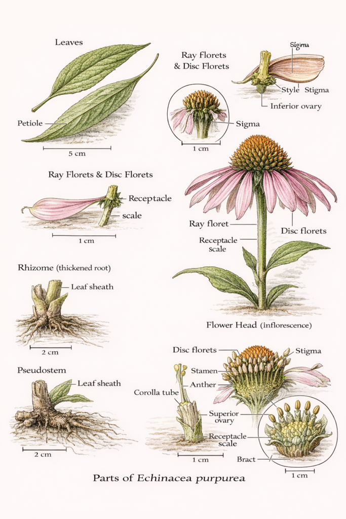 Botanical illustration of echinacea plant parts