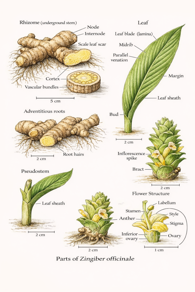 Botanical illustration of ginger plant parts
