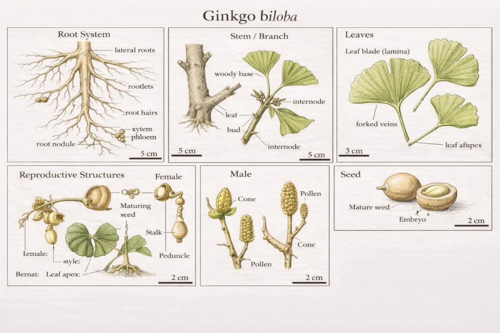 Botanical illustration of ginkgo biloba plant parts
