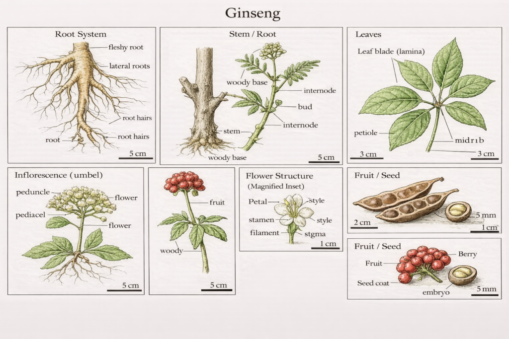 Botanical illustration of Panax ginseng plant parts
