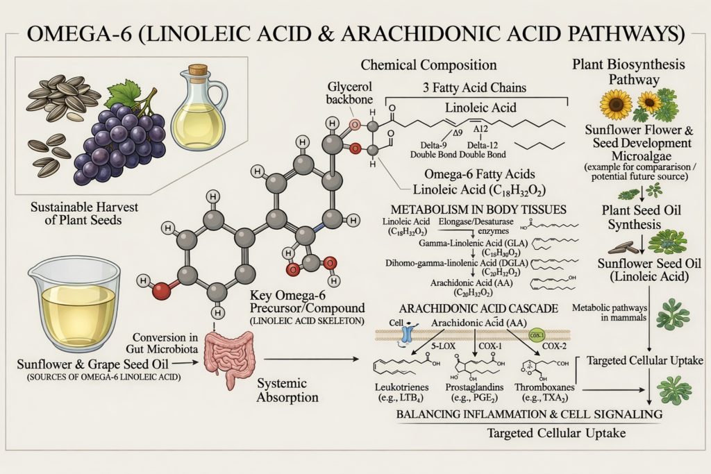 Illustration of omega-6 acid, sources, properties, and uses