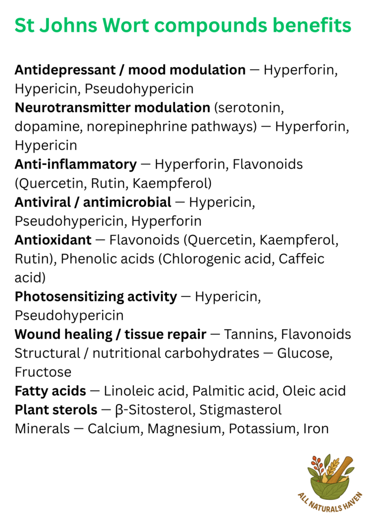 An infographic on the applications of compounds found in St. John's wort, e.g., hyperforin, which is an anti-inflammatory agent