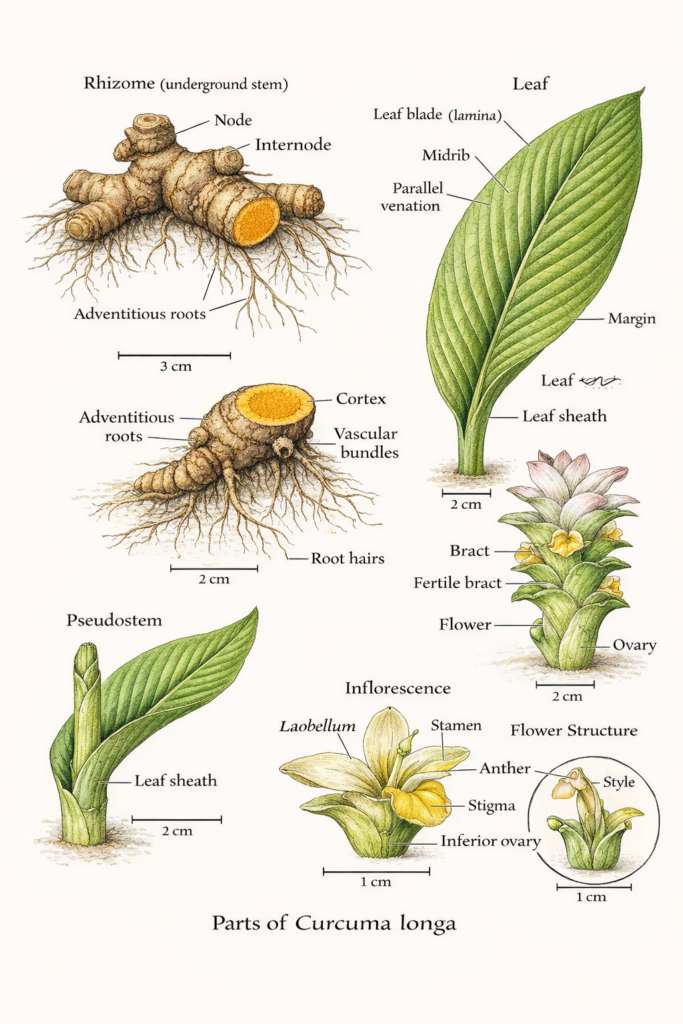 Botanical illustration of turmeric plant parts often used in infusions and cough remedies
